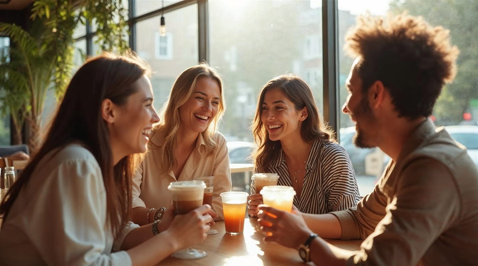 Young people enjoying coffee and beverages at a bright modern cafe